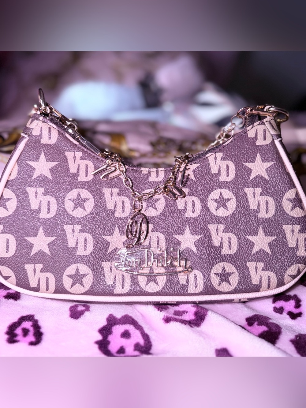 Von Dutch Logo Shoulder Bag with Gold Chain Charm